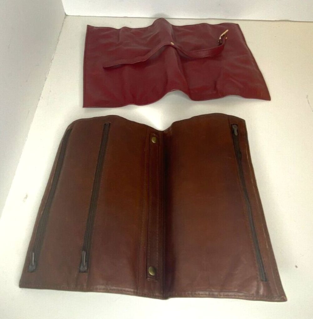 Leather Organizer Red Brown Buckle Jewelry Roll Pouch Lot of 2 - Picture 6 of 14